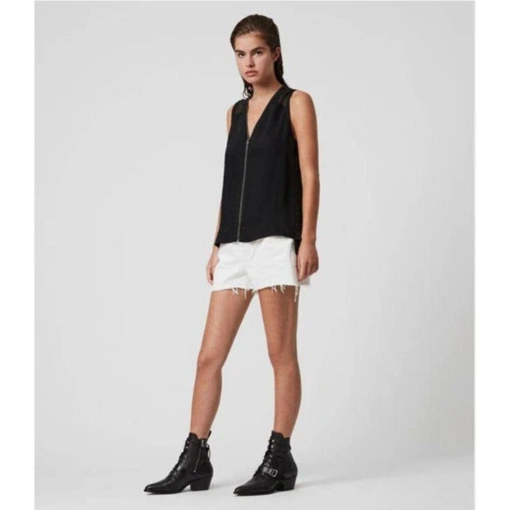 AllSaints Lottie Top Black Zip Front Sleeveless Blouse Sz 0 / US 0 EU 32